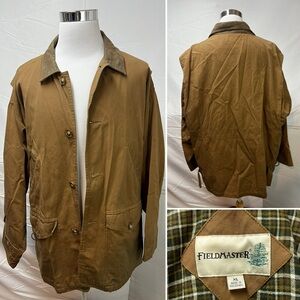 Fieldmaster Men’s XL Brown Chino Barn Coat Field Jacket Leather Collar